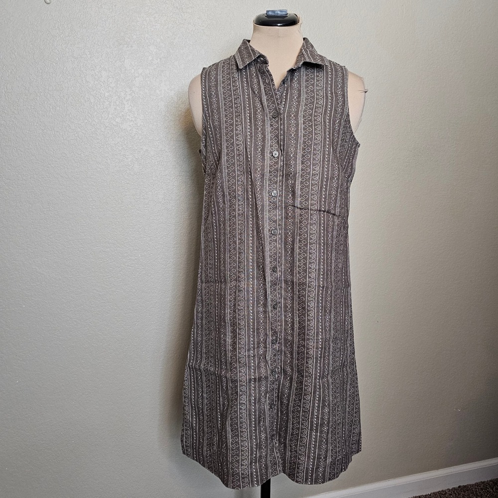 Garnet Hill Brown Print Stripe 100% Linen‎ Sleeveless Button Front Shirt Dress 6